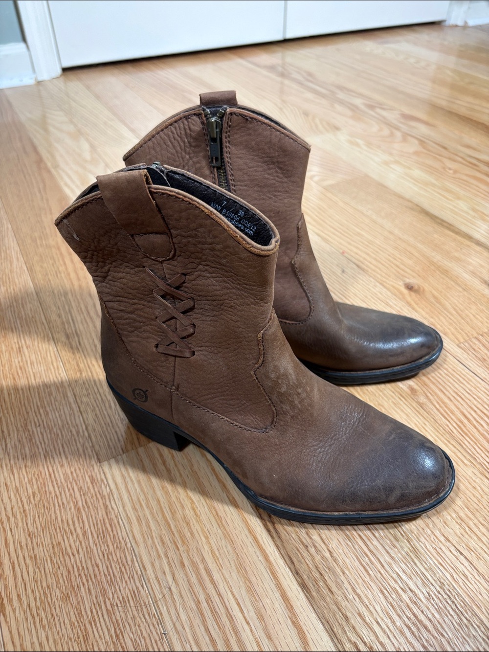 Born Brown Leather Ankle Boots with Side Zip and Lace Detail